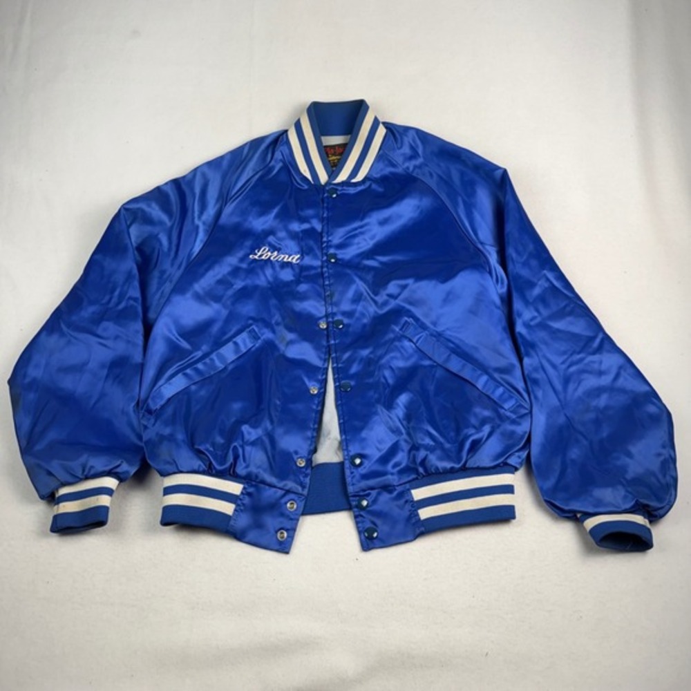 Vintage Pla-Jac Dunbrooke Satin Varsity Jacket Blue El Paso Western Night Club M